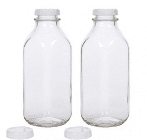 Glass Milk Bottle with Extra Lids - Set of 2 - USA Made 33.8 Oz Jug