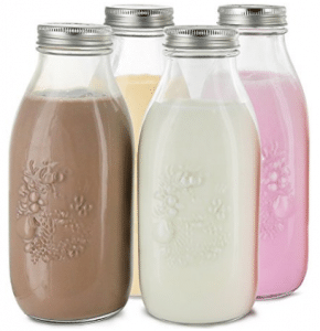 Estilo Dairy Reusable Glass Milk Bottles with Metal Lids (Set of 4), 33.8 oz