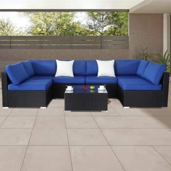 Patio Furniture Sofa Outside Couch PE Black Wicker 7pcs Garden Sectional Rattan Sofa Set Conversation Sets Party Sofa Royal Blue Cushion
