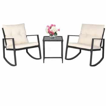 SUNCROWN Outdoor 3-Pieces Rocking Bistro Set: Black Wicker Furniture-Two Chairs with Glass Coffee Table (Beige-White Cushion)