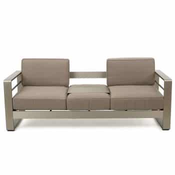 GDF Studio Crested Bay Outdoor Aluminum Khaki Sofa with Tray