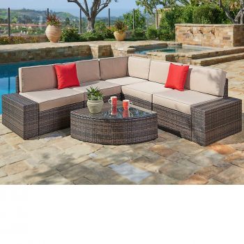 SUNCROWN Outdoor Furniture Sectional Sofa & Wedge Table (6-Piece Set) All-Weather Brown Wicker with Washable Seat Cushions & Modern Glass Coffee Table