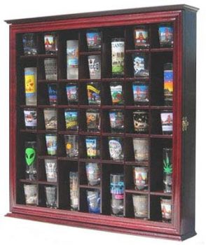 41 Shot Glass Display Case Holder Cabinet Wall Rack with Glass Door (Cherry Finish)