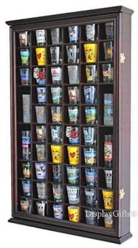 56 Shot Glass Shooter Display Case Holder Cabinet Wall Rack with DOOR (Cherry Finish)