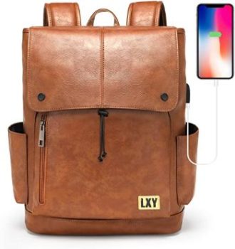 8. Faux Leather Backpack USB Port Laptop Bookbag