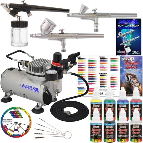 Master Airbrush Professional 3 Airbrush System with Compressor and 6 Color Primary Paint Set