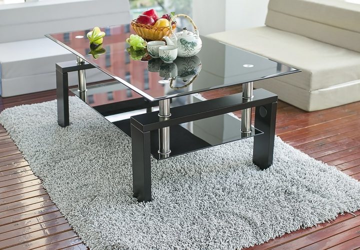 Merax Black Highlight Glass Top Cocktail Coffee Table with Wooden Legs