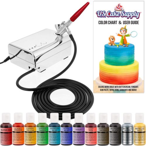 U.S. Cake Supply - Complete Cake Decorating Airbrush Kit with a Full Selection of 12 Vivid Airbrush Food Colors - Decorate Cakes, Cupcakes, Cookies & Desserts