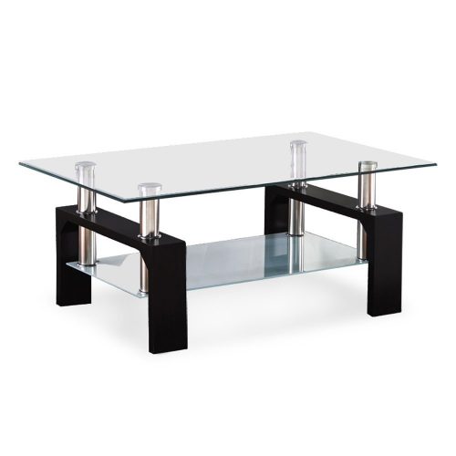 VIRREA Rectangular Glass Coffee Table Shelf Wood Living Room Furniture Chrome Base Black