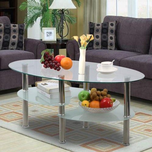 Yaheetech 3 Tier Modern Living Room Oval Glass Coffee Table Round Glass Side End Tables with Chrome Finish Legs Cocktail Table