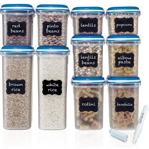Shazo Food Storage Containers 20-Piece Set (10 Container Set) - Airtight Dry Food with Innovative Dual Utility Interchangeable Lid, FREE Labels & Marker, One Lid Fits All, Freezer Safe, Space Saver