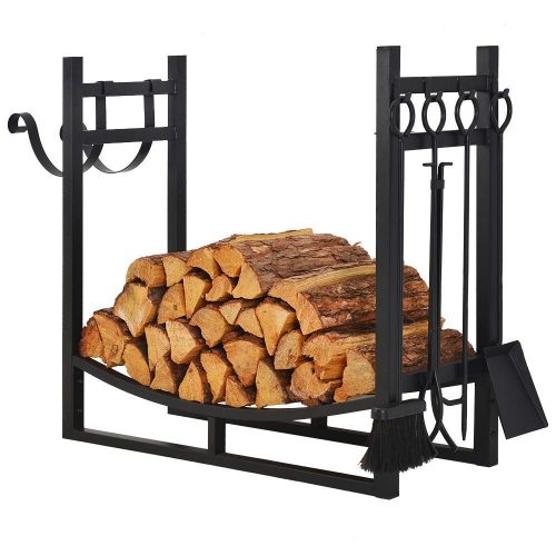 Patio Watcher 3-Foot Firewood Rack Wood Storage Log Holder with Kindling Holder and 4 Tools Indoor Outdoor Fireplace Heavy Duty Steel Black