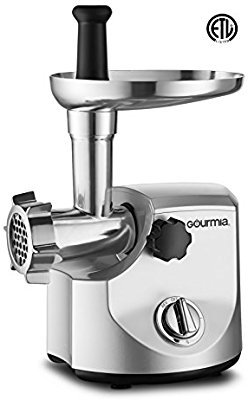 Gourmia GMG7100 Prime Plus Commercial Grade Meat Grinder - Variety of Sausage Funnels, Kibbeh Attachment and Metal Grinding Plates -800W/2200W max - Stainless Steel - Free Recipe Book - ETL Approved - Electric Meat Grinders