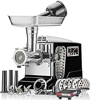 Electric Meat Grinder - Size #12 - Model STX-4000-TB2-PD - STX International Turboforce II - Air Cooling Patent - Foot Pedal Control, 6 Grinding Plates, 3 Cutting Blades, Kubbe & Sausage Tubes – Black - Electric Meat Grinders